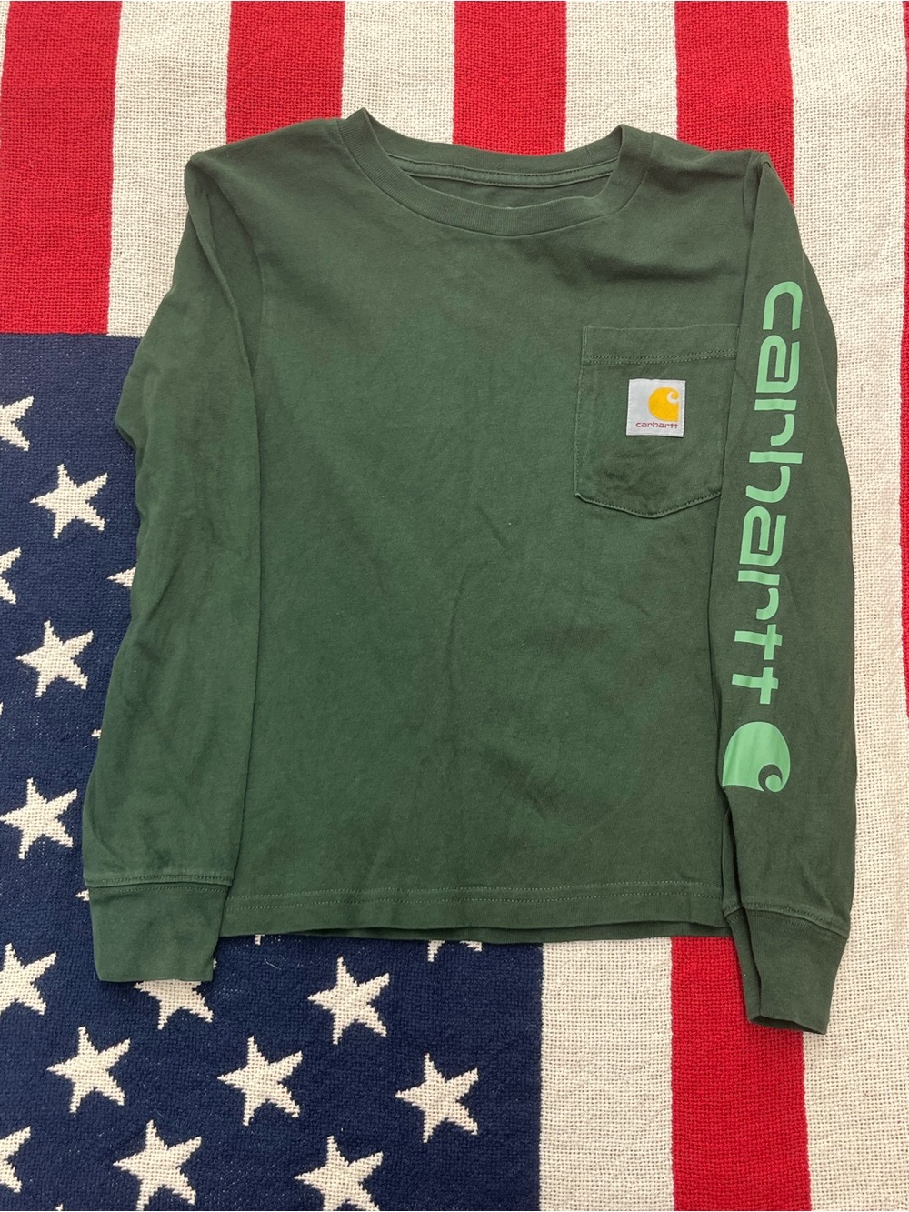 Carhartt Boys' Dark Green Long-Sleeve Pocket Tee with Logo Print Size 6